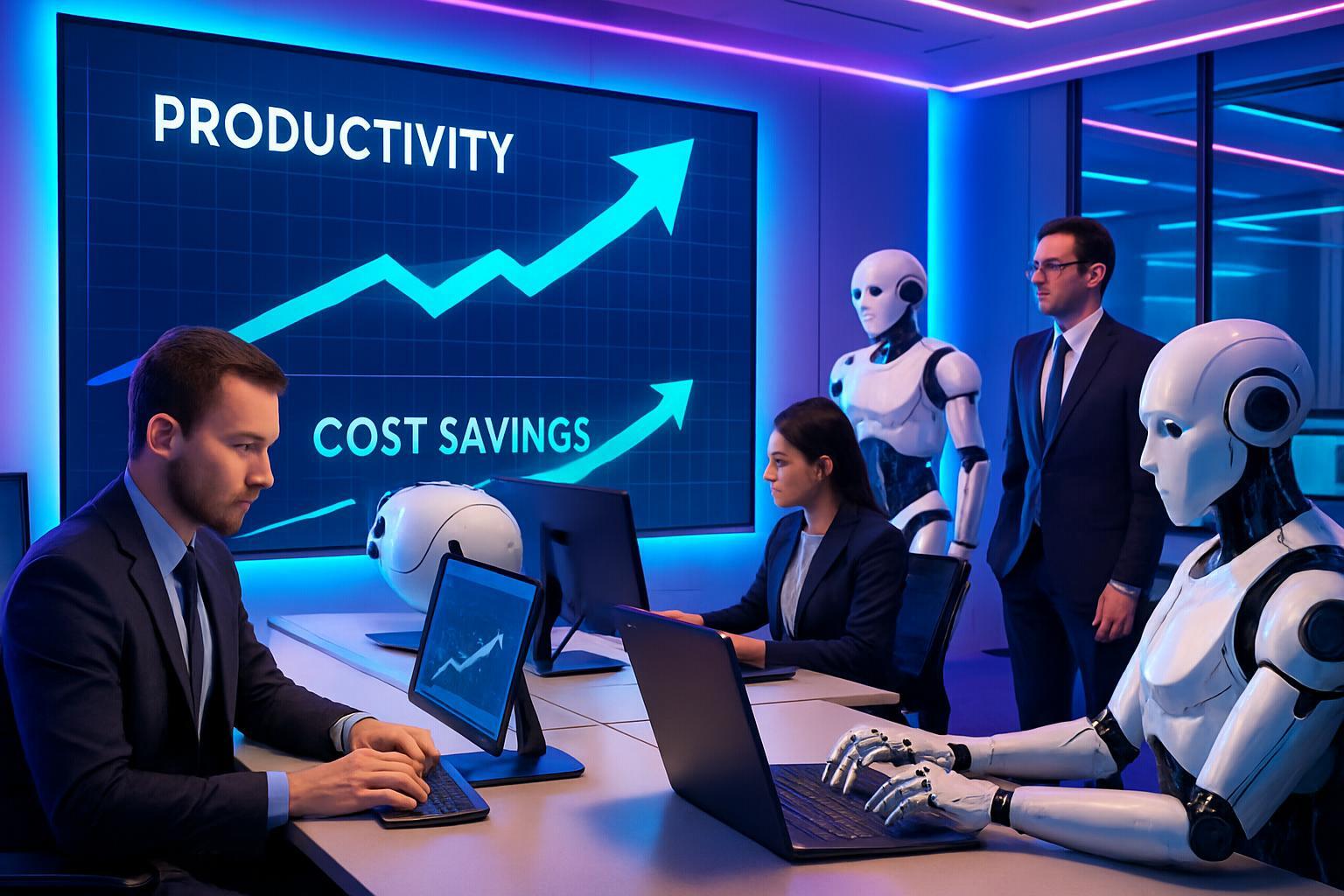 Oficina moderna donde humanos y robots impulsados por IA colaboran con pantallas que muestran métricas de productividad.