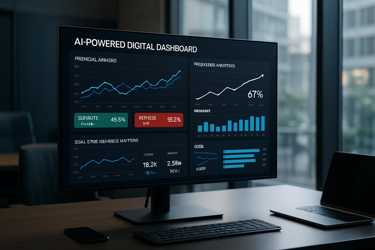 Panel digital con gráficos financieros y análisis predictivo impulsado por IA para toma de decisiones estratégicas